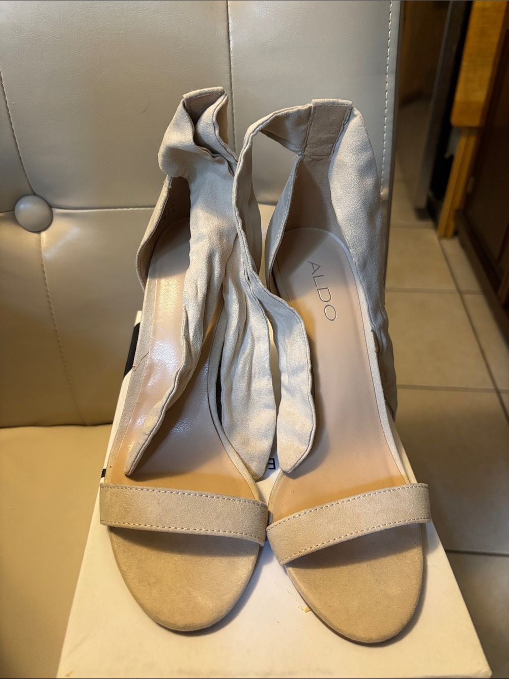 ALDO Beige Suede Open-Toe Ankle-Wrap Heels